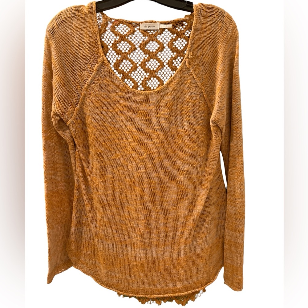 Blu Pepper Burnt Orange Open Knit Sweater Crochet Back Boho Medium